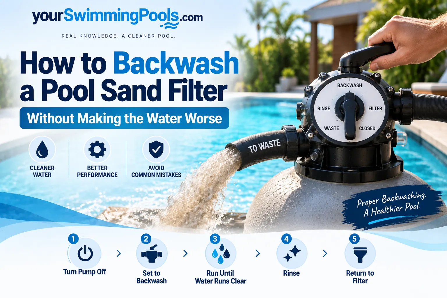 How to backwash a pool sand filter without making the water worse: a hand turning a multiport valve to backwash while cloudy water discharges to the waste line beside a pool.