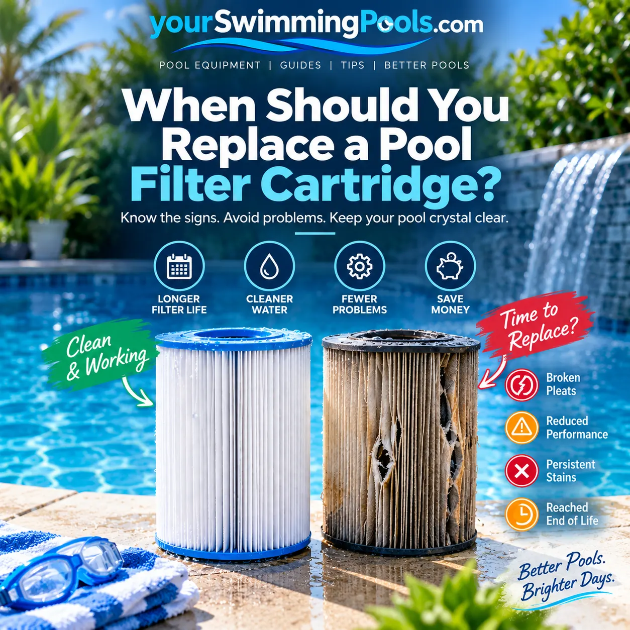 Two pool filter cartridges side by side: a clean white intact cartridge labeled Clean and Working, and a darkened deteriorated cartridge with torn pleats labeled Time to Replace.