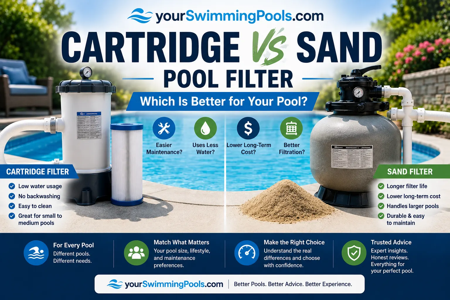 Cartridge vs sand pool filter comparison: a cartridge filter and a sand filter side by side, with key trade-offs including maintenance, water usage, long-term cost, and filtration performance.