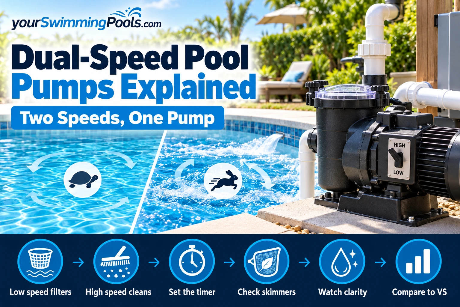 Dual-speed pool pumps explained: a two-speed pool pump with a high and low speed switch next to a pool.