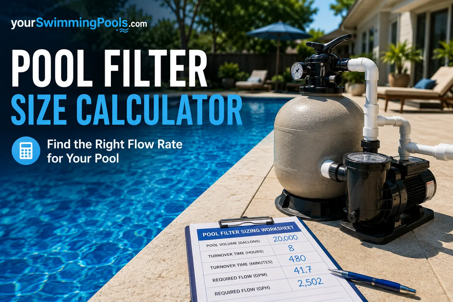 Pool filter size calculator: a sizing worksheet showing pool volume (20,000 gal), turnover time (8 hours, 480 minutes), required flow (41.7 GPM, 2,502 GPH), beside a sand filter and pump on a pool deck.
