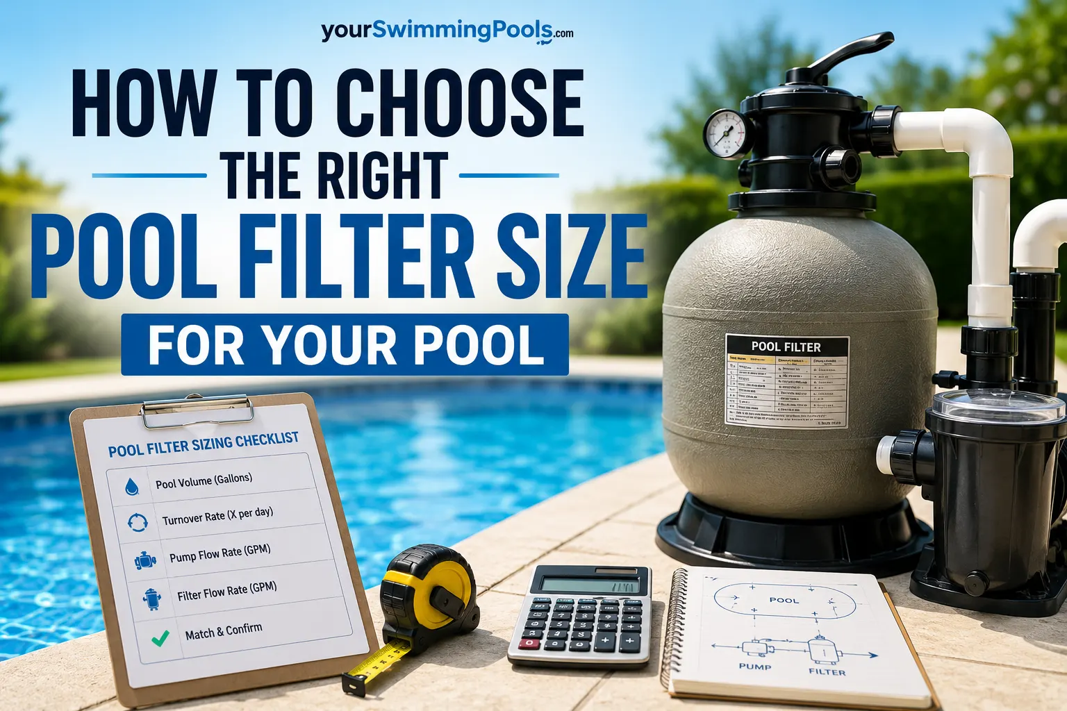 How to choose the right pool filter size: a sizing checklist with pool volume, turnover rate, pump flow rate, filter flow rate, and match-and-confirm steps beside a sand filter and calculator.