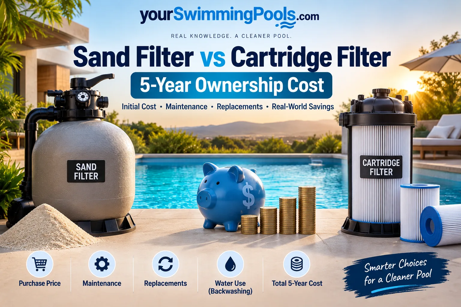 Sand filter vs cartridge filter five-year ownership cost: a sand filter and a cartridge filter beside a pool with a piggy bank and stacked coins, labeled purchase price, maintenance, replacements, water use, and total five-year cost.