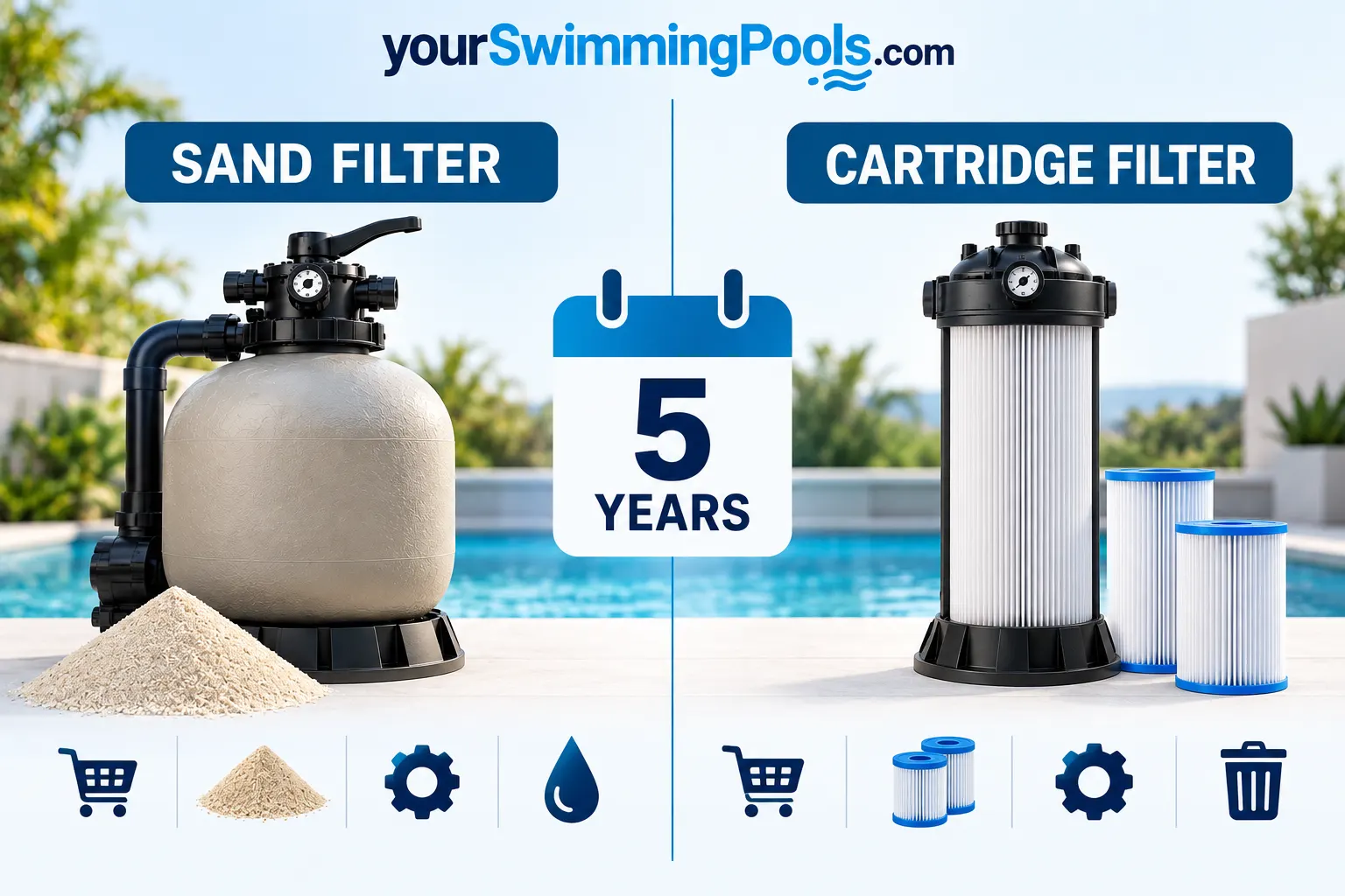 Conceptual comparison of sand filter and cartridge filter ownership over five years, with icons for purchase, media, maintenance, and water use. No dollar figures, because the amounts depend on your own inputs.
