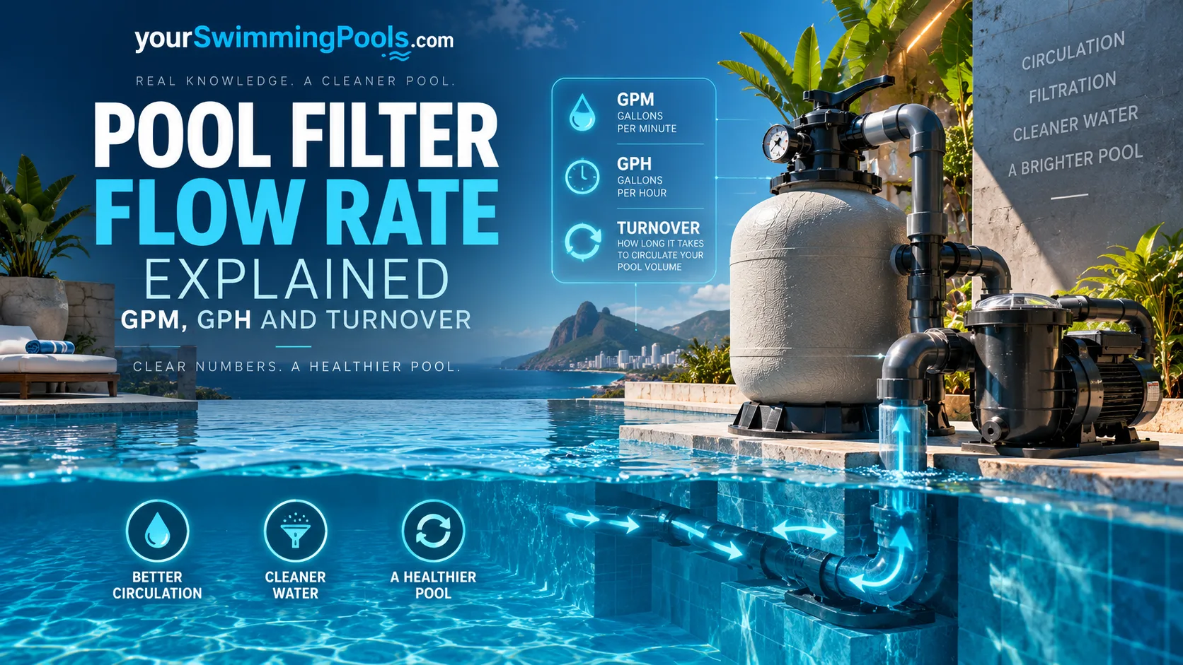 Pool filter flow rate explained: a sand filter, pump and plumbing beside an infinity pool, labeled with GPM (gallons per minute), GPH (gallons per hour) and turnover.