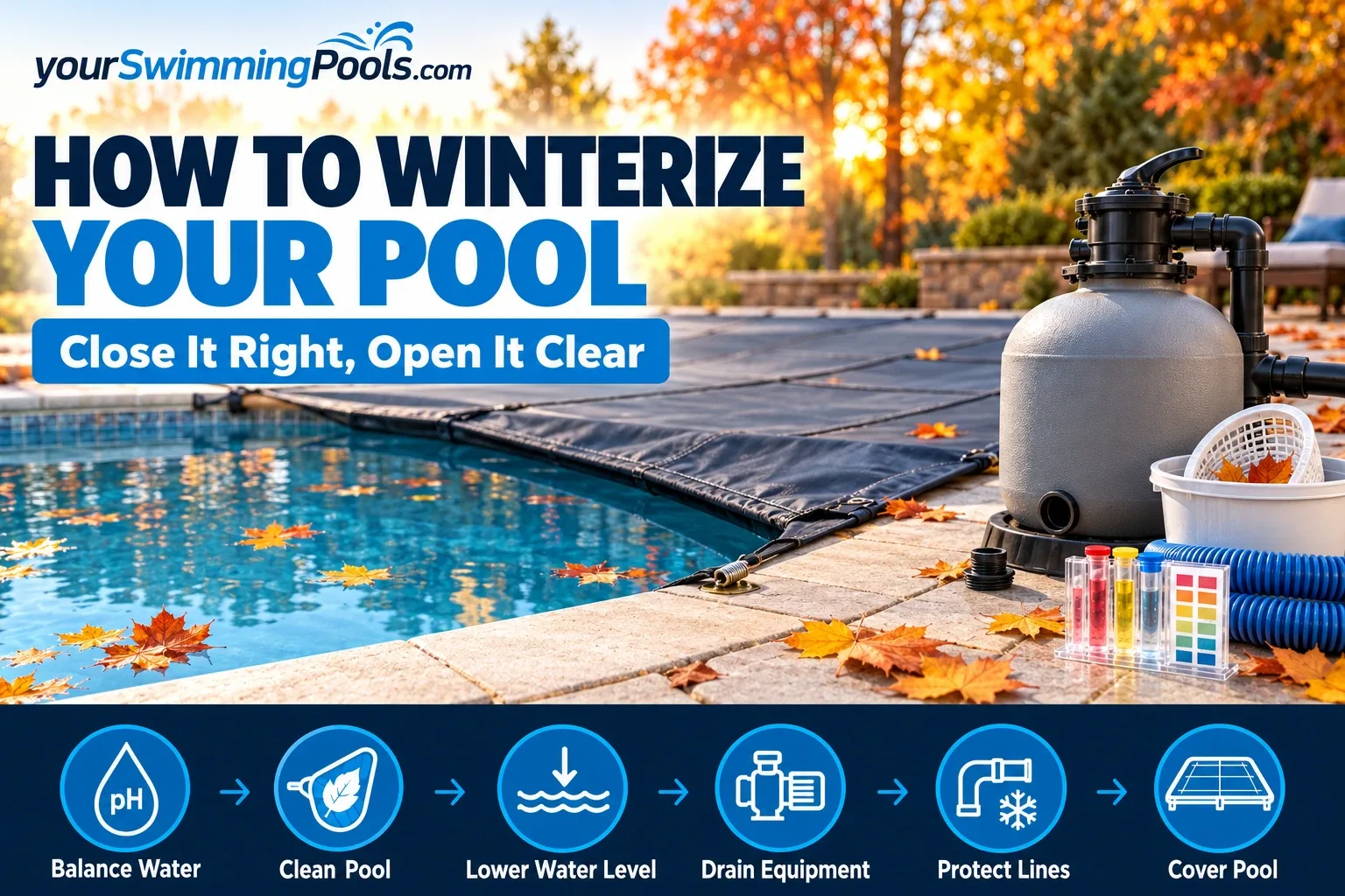 How to winterize your pool: a dark winter cover being pulled over a pool in autumn, with a sand filter, its drain plug, a skimmer basket, hose and water test kit on the deck, and six steps: balance water, clean pool, lower water level, drain equipment, protect lines, cover pool.