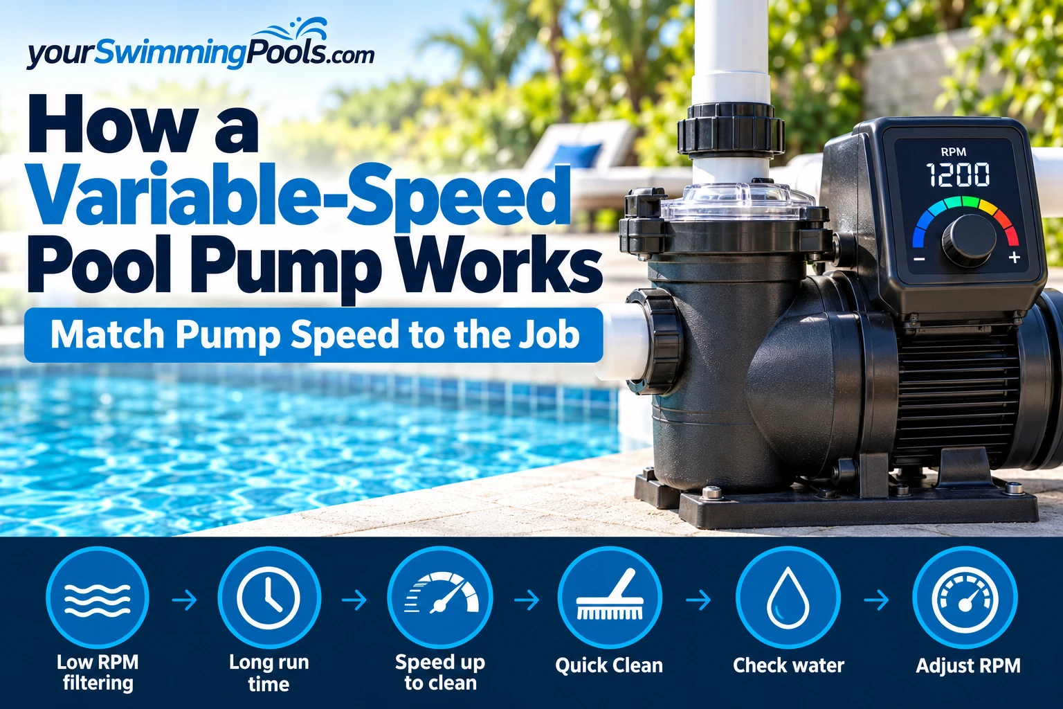 How a variable-speed pool pump works: a variable-speed pump with its speed display next to a pool, with steps from low to high RPM.