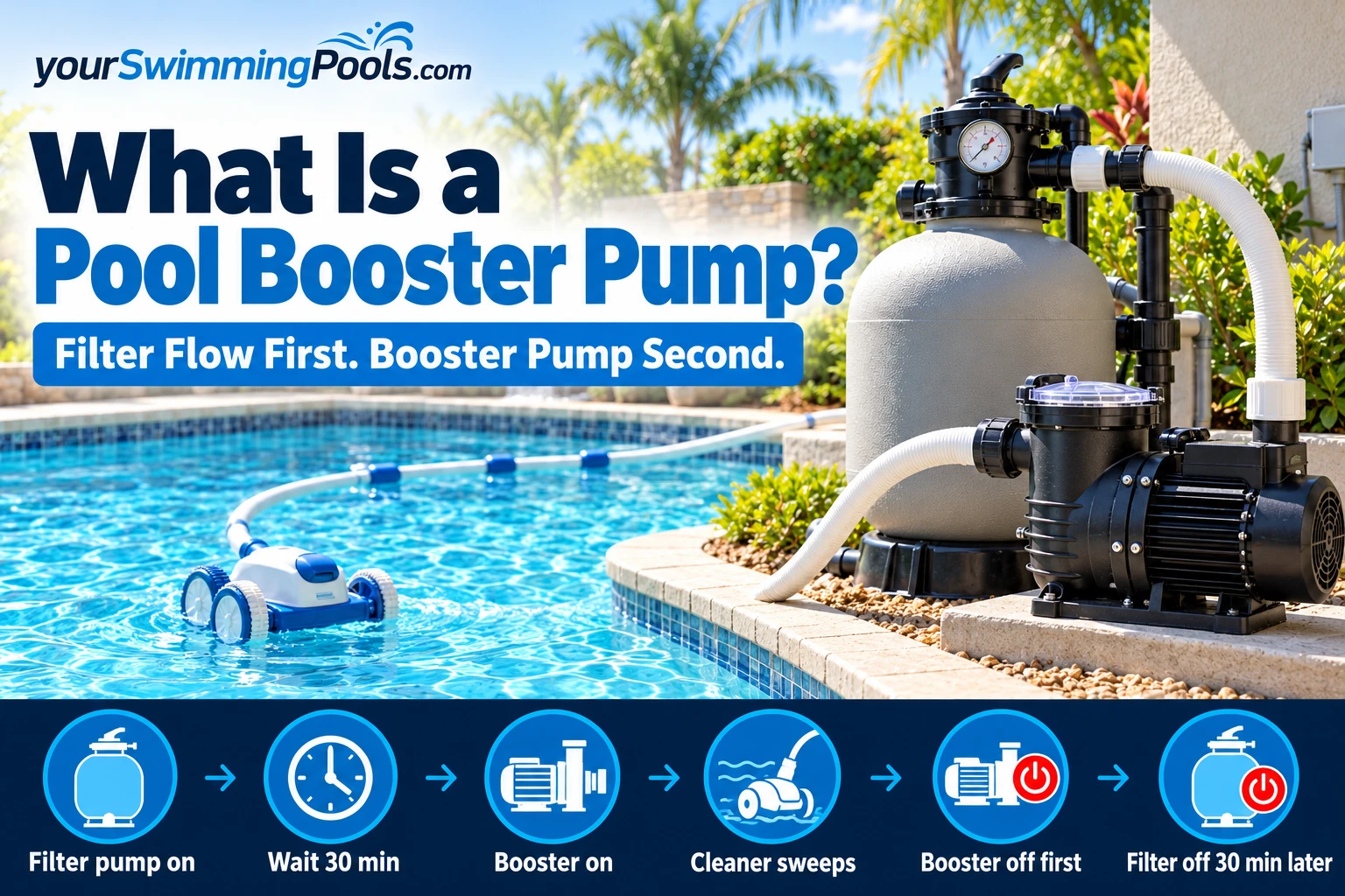 What is a pool booster pump: a small booster pump next to the filter pump on an equipment pad, with a pool cleaner in the water.