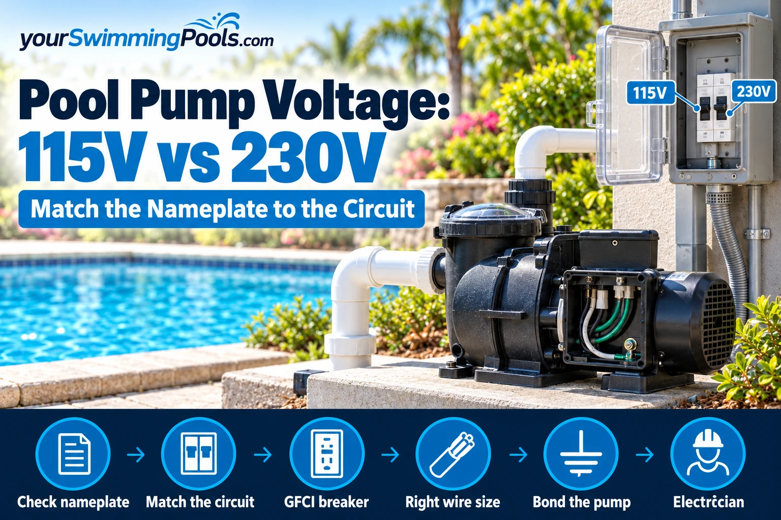 Pool pump voltage 115V vs 230V: a pool pump motor with its wiring cover open next to a GFCI breaker panel at the equipment pad.