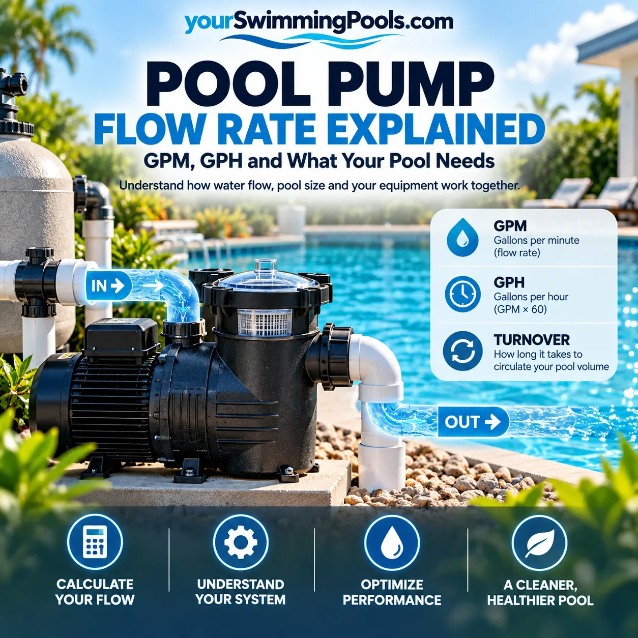 Pool pump flow rate explained: a modern pool pump with labeled inlet and outlet pipes beside a residential pool, with overlay text showing GPM (gallons per minute), GPH (gallons per hour) and turnover.