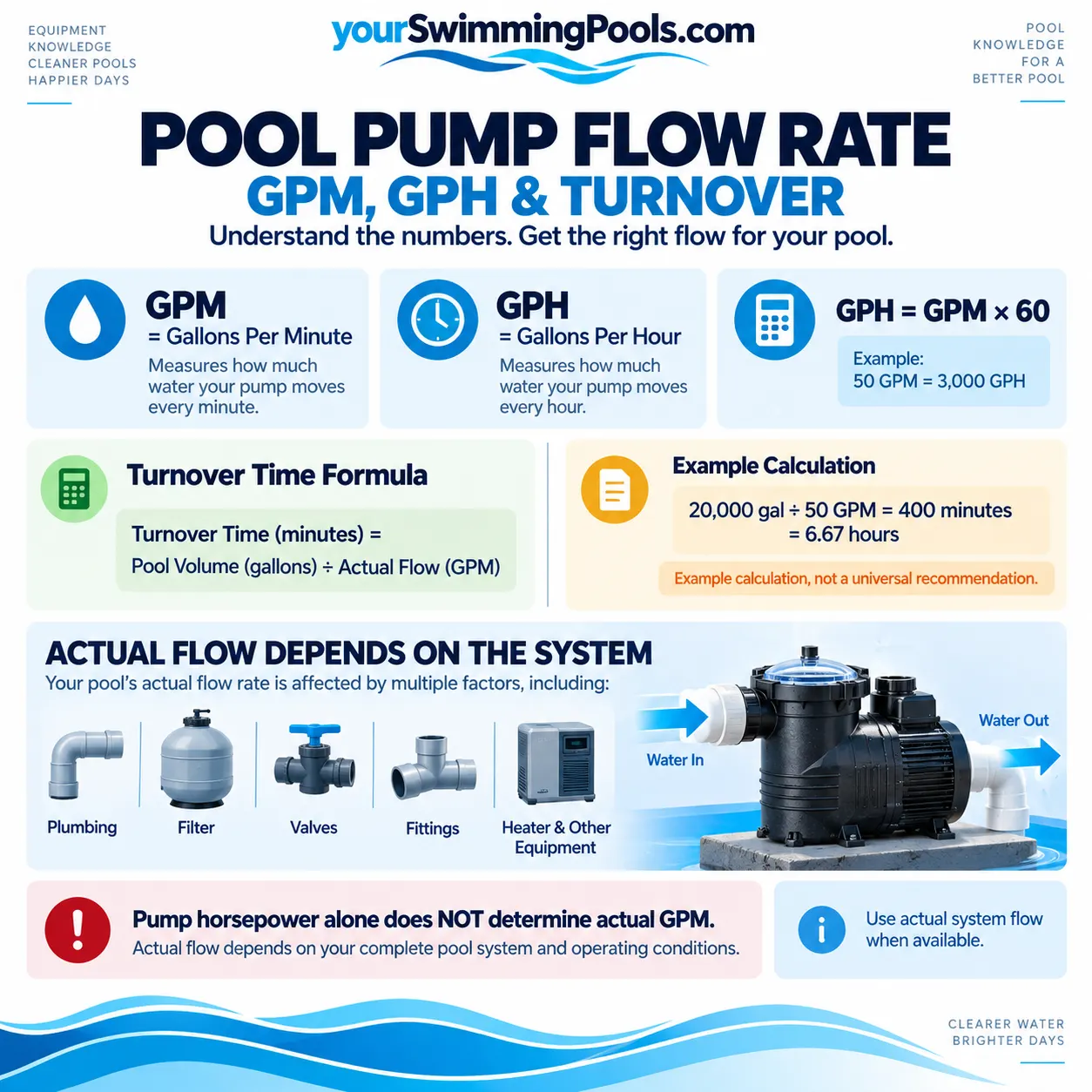 Pool pump flow rate infographic: GPM equals gallons per minute measuring how much water the pump moves every minute; GPH equals gallons per hour (GPM times 60); turnover time formula equals pool volume in gallons divided by actual flow in GPM; example calculation shows 20,000 gallons divided by 50 GPM equals 400 minutes equals 6.67 hours; warning that pump horsepower alone does not determine actual GPM; factors affecting actual flow include plumbing, filter, valves, fittings, heater and other equipment.