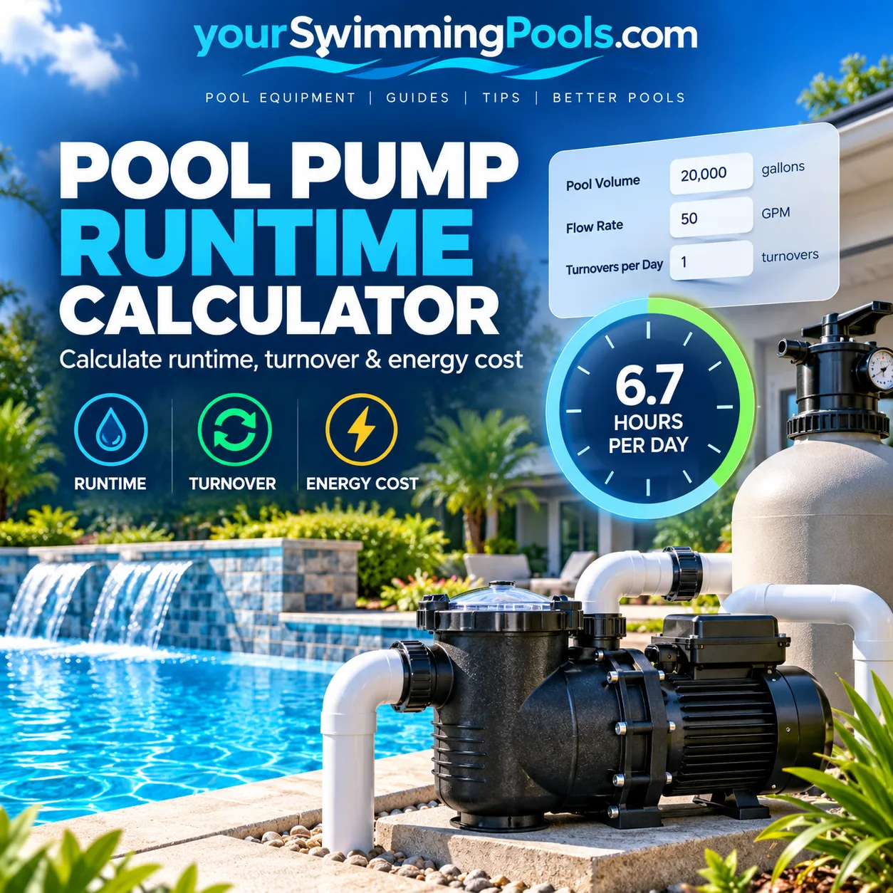 Pool Pump Runtime Calculator: a modern pool pump and sand filter on an equipment pad beside a pool, with calculator inputs showing pool volume 20,000 gallons, flow rate 50 GPM, and a result of 6.7 hours per day.