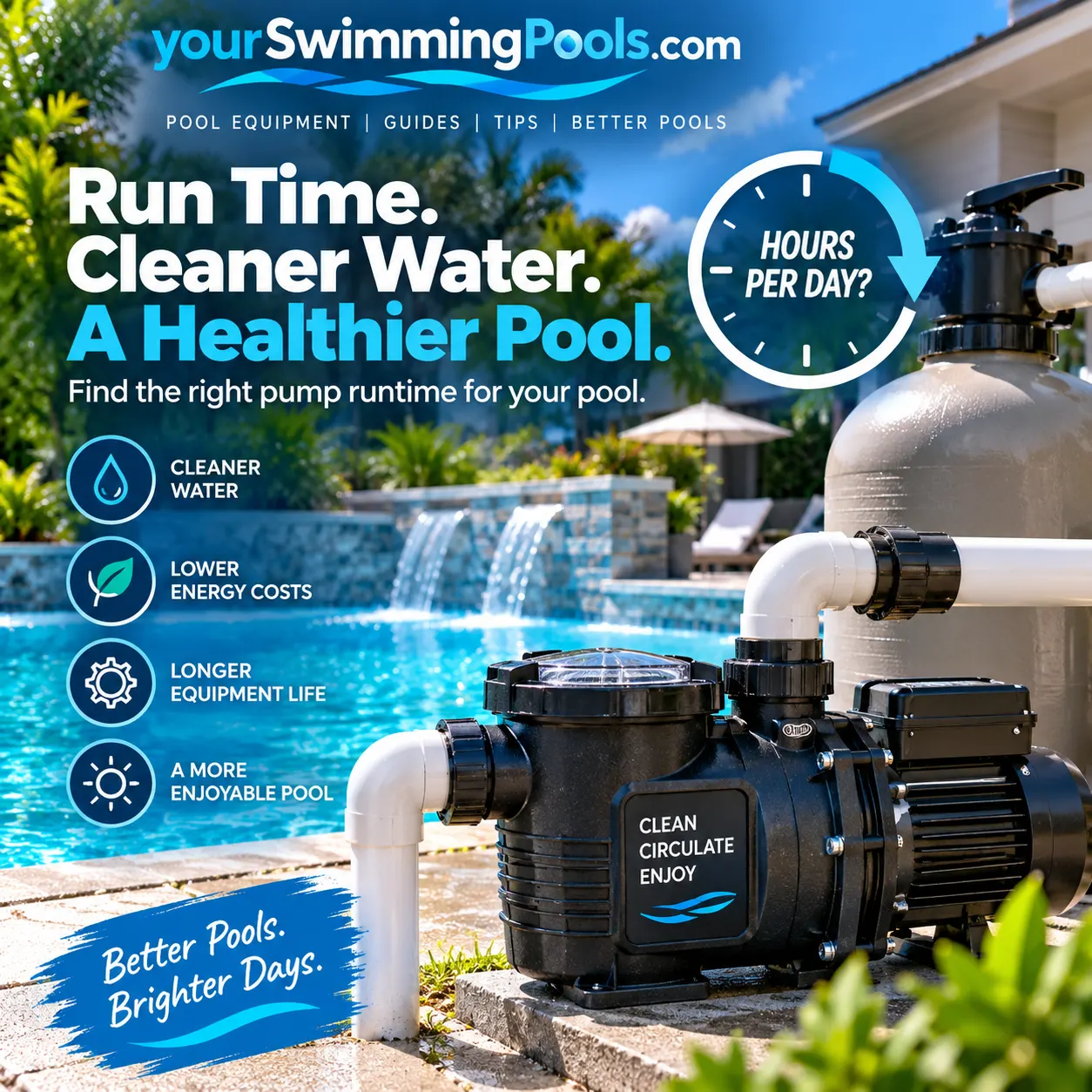 A modern pool pump and sand filter on a pool equipment pad with a pool in the background. Text overlay reads: Run Time. Cleaner Water. A Healthier Pool. Find the right pump runtime for your pool.