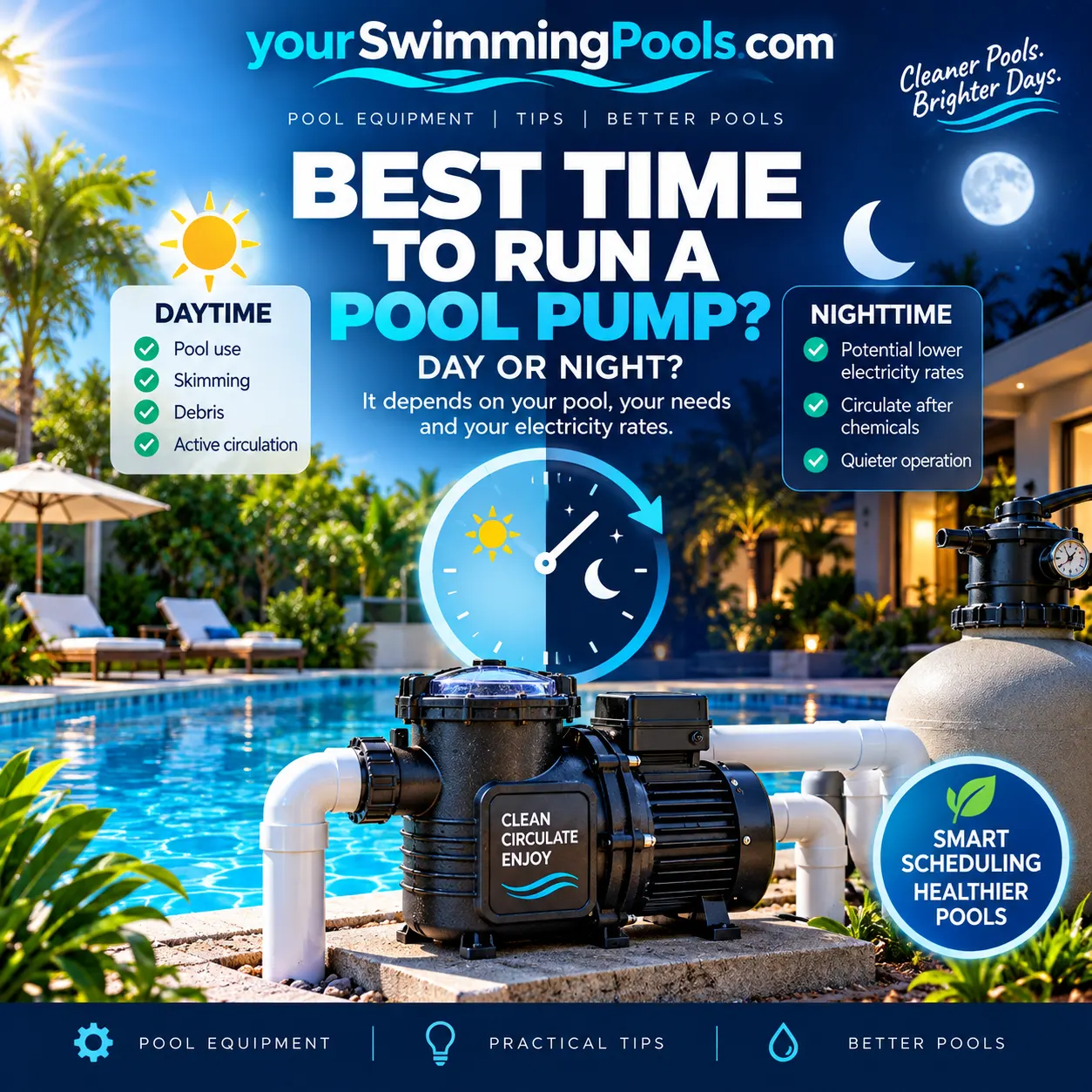Pool pump running beside a swimming pool with a split day-night background showing daytime sun and nighttime moon, with daytime benefits on the left and nighttime benefits on the right.