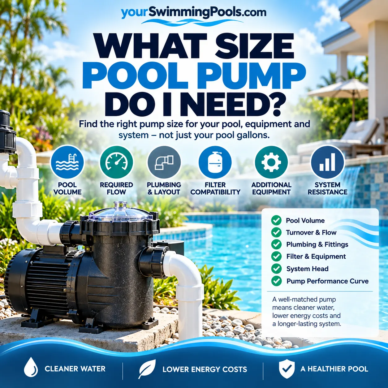 What size pool pump do I need? A large residential pool pump on an equipment pad beside a clear blue pool, with labeled factors: pool volume, required flow, plumbing and layout, filter compatibility, additional equipment, and system resistance.