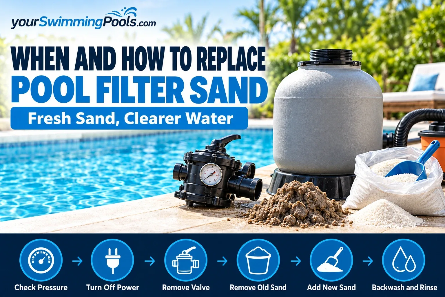 When and how to replace pool filter sand: a sand filter tank with its multiport valve removed and set aside, a pile of old clumped brown sand next to a bag and scoop of clean white filter sand and a wet vacuum, beside a pool, with six steps: check pressure, turn off power, remove valve, remove old sand, add new sand, backwash and rinse.