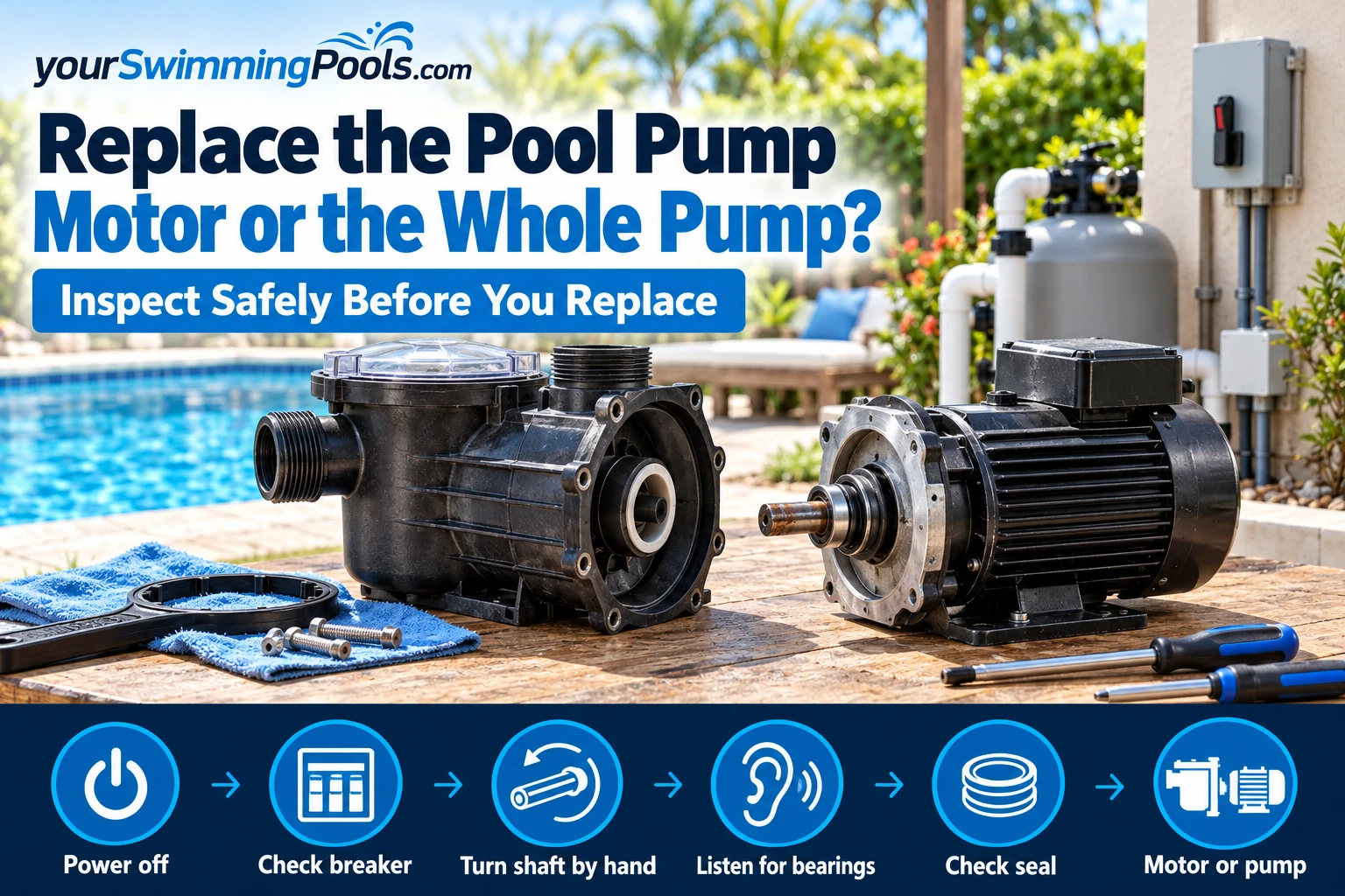 Replace the pool pump motor or the whole pump: a pool pump with its motor separated from the pump housing on an equipment pad.