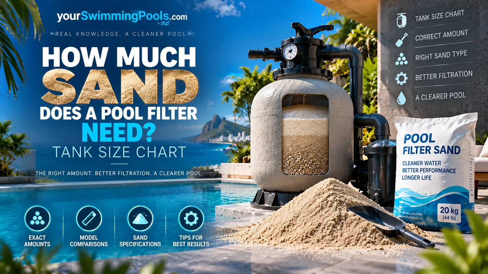 How much sand does a pool filter need: a sand filter tank cut away to show the sand bed and gravel layer, beside a bag of pool filter sand, with the message to use the exact manufacturer amount.