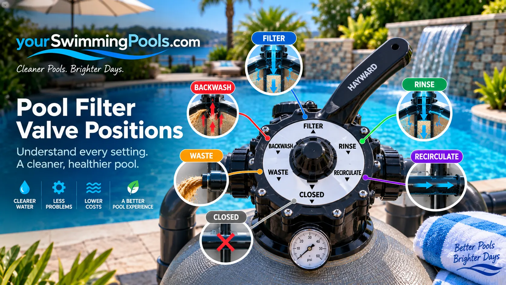 A Hayward multiport valve showing all six positions - Filter, Backwash, Rinse, Waste, Recirculate and Closed - with flow diagrams for each setting, mounted on a sand filter beside a pool.