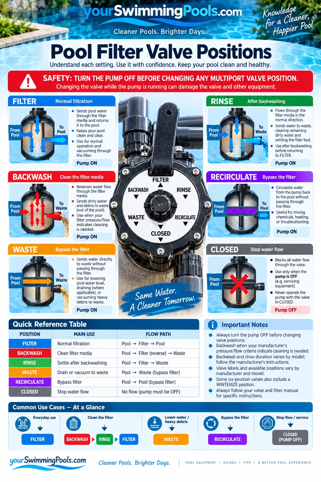 Pool filter valve positions infographic showing all six settings, flow paths, pump status for each position, and a quick-reference table with common use cases for Filter, Backwash, Rinse, Waste, Recirculate and Closed.
