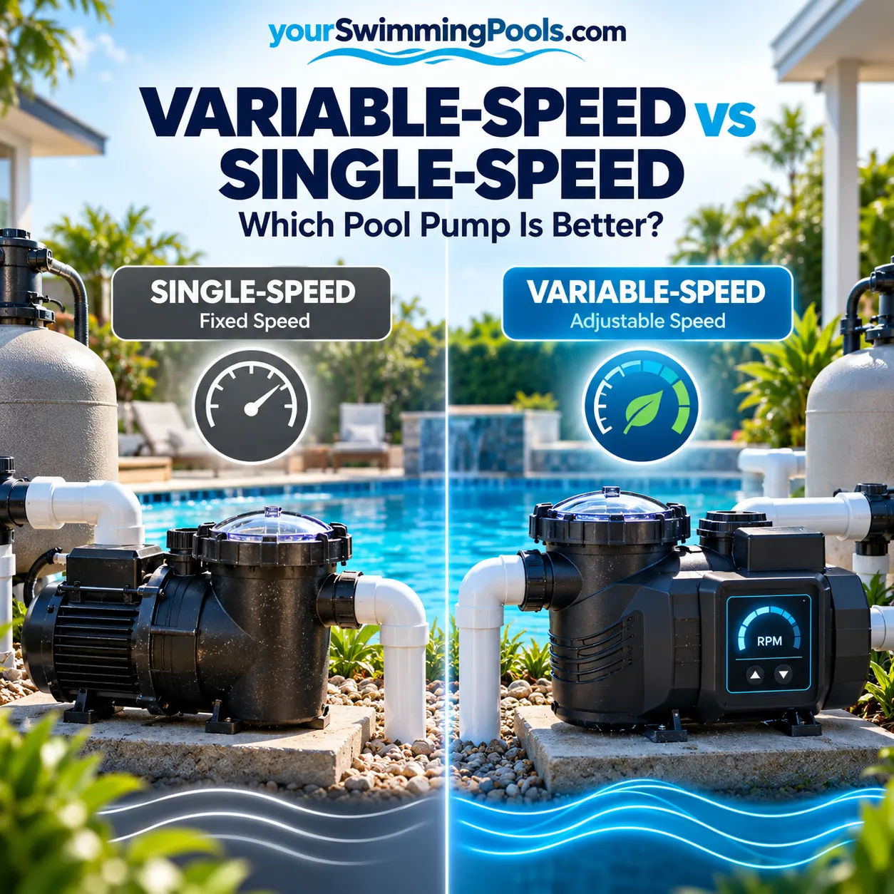 Variable-speed versus single-speed pool pump comparison: two pool pumps side by side beside a residential pool. The left shows a single-speed pump labeled Fixed Speed and the right shows a variable-speed pump labeled Adjustable Speed with an RPM display.