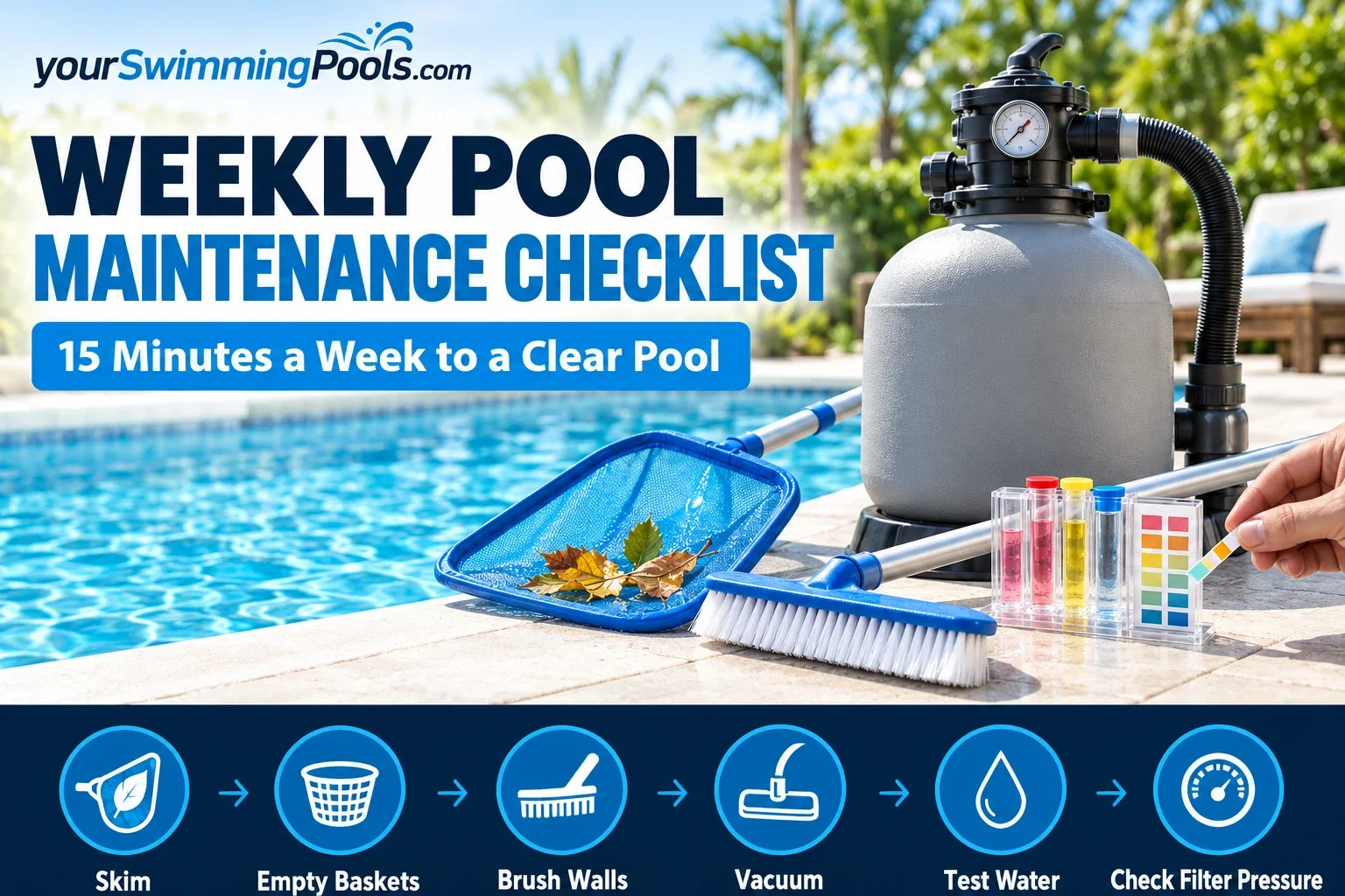 Weekly pool maintenance checklist: a skimmer net with leaves, a pool brush, a water test kit and a sand filter with a pressure gauge beside a clear backyard pool, with six steps: skim, empty baskets, brush walls, vacuum, test water, check filter pressure.
