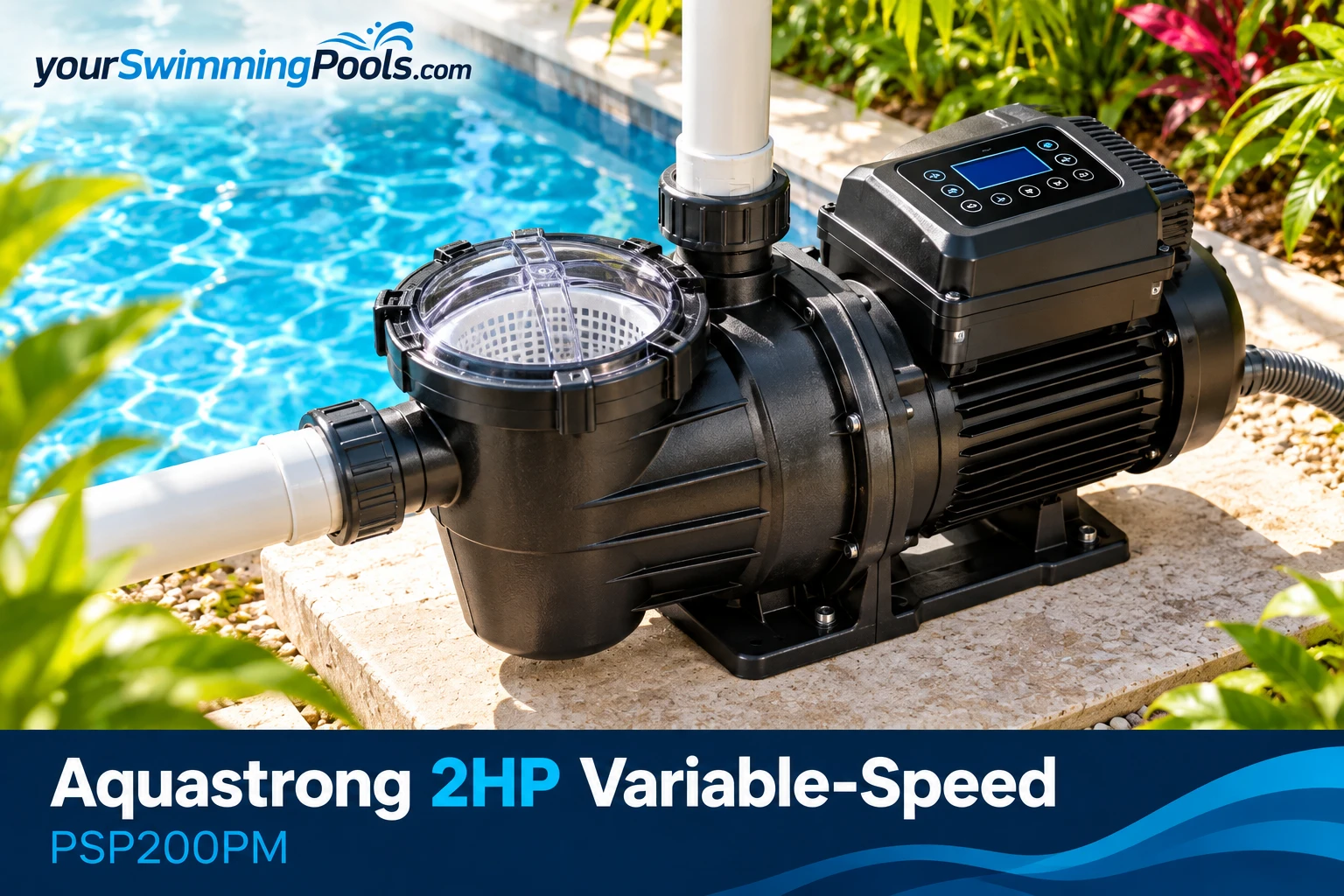 Aquastrong 2HP variable-speed pool pump with digital control panel.
