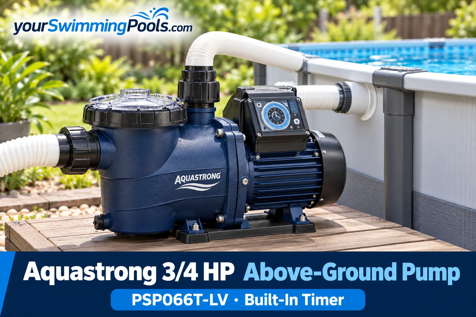 Aquastrong 3/4 HP above-ground pool pump in navy blue with built-in timer.