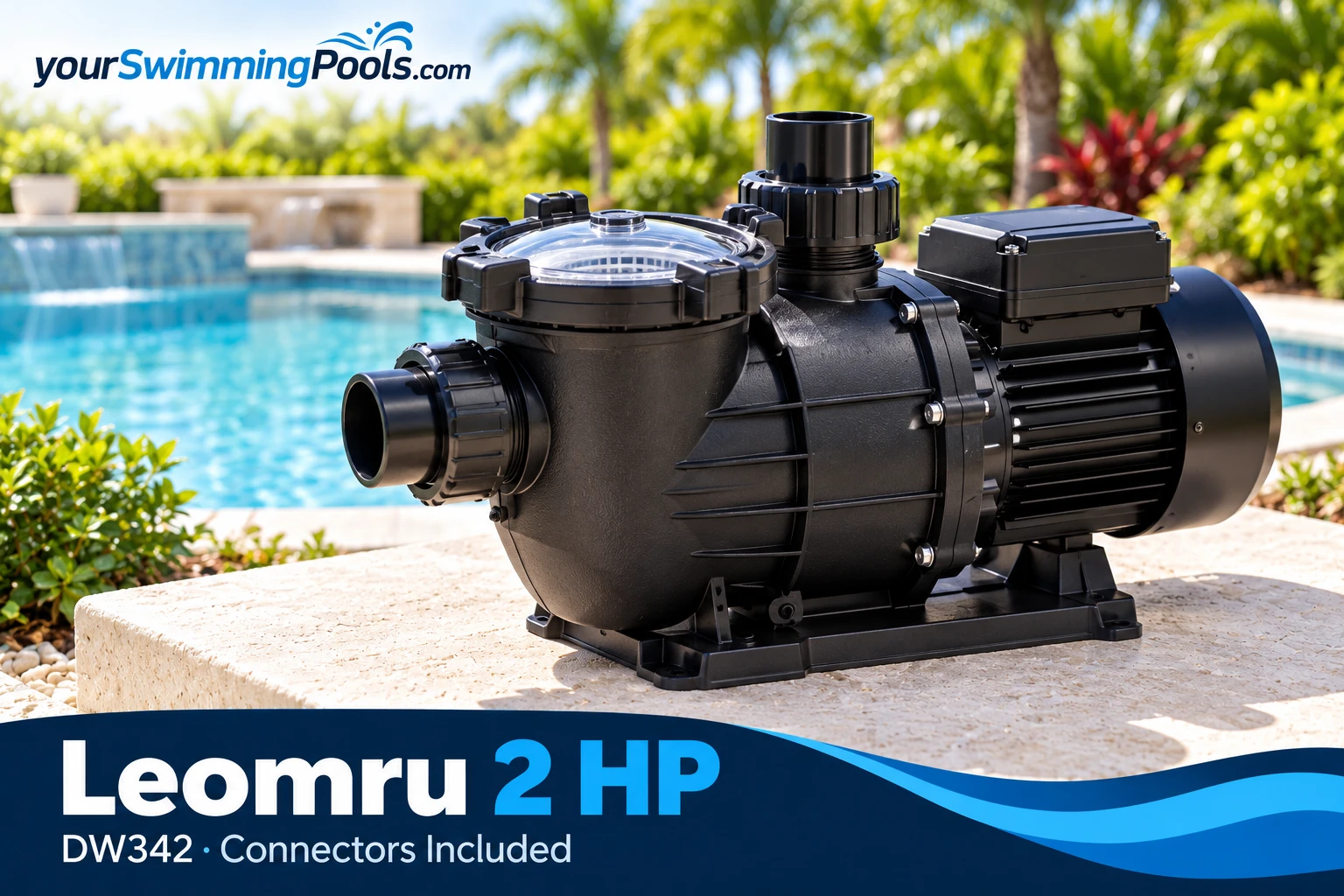 Leomru 2 HP single-speed self-priming pool pump with strainer basket and connectors.