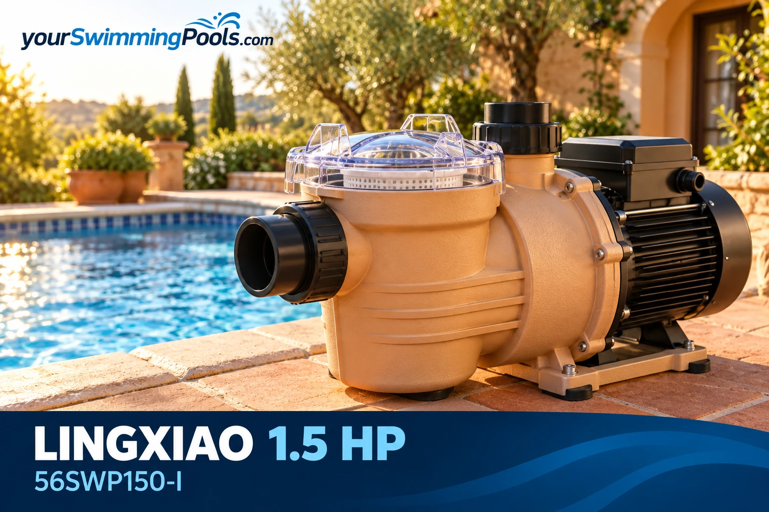 LINGXIAO 1.5 HP single-speed in-ground pool pump in apricot with clear strainer lid.