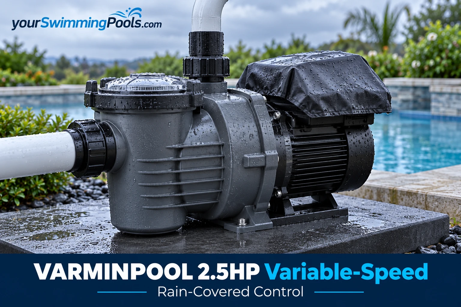 VARMINPOOL 2.5HP variable-speed pool pump in storm gray with rain cover and control panel.