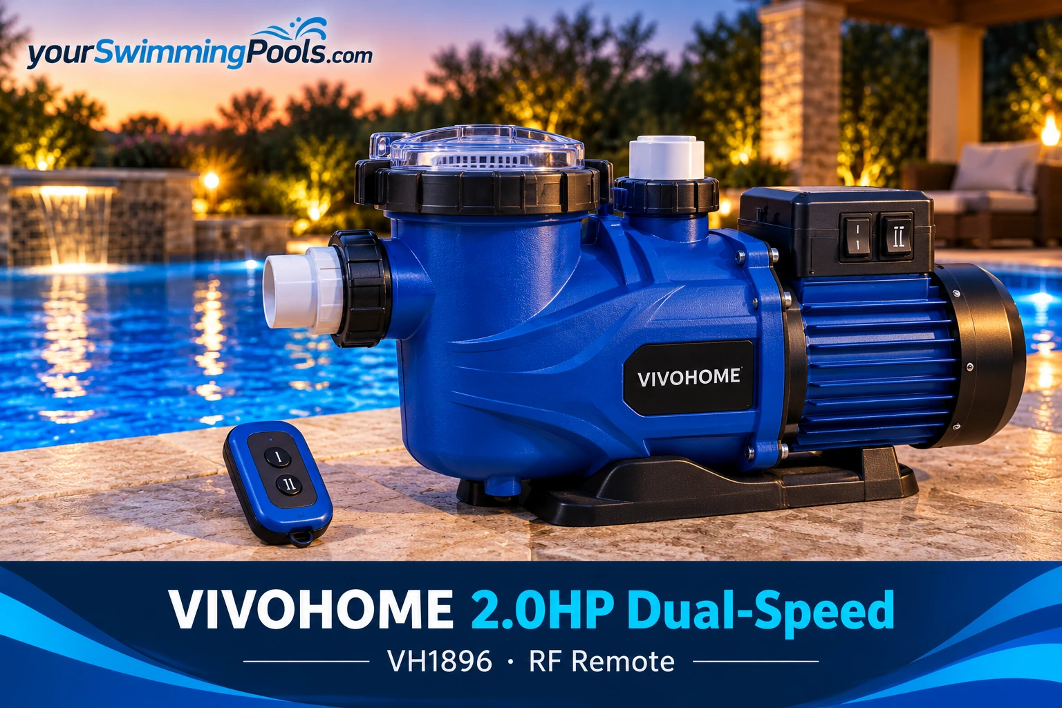 VIVOHOME 2HP dual-speed pool pump in royal blue with RF remote timer.